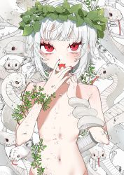 Rule 34 | 1boy, androgynous, blunt bangs, bone, bubble, collarbone, forked tongue, highres, leaf, licking, licking finger, looking at viewer, nail polish, navel, original, ouchi kaeru, red eyes, red nails, short hair, slit pupils, snake, sparkle, tongue, trap, upper body, white background, white hair, white snake, wreath