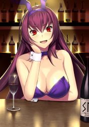 Rule 34 | 1girl, :d, alcohol, animal ears, bar (place), beppu mitsunaka, blush, bottle, bow, bowtie, breasts, cleavage, cup, detached collar, drinking glass, fake animal ears, fate/grand order, fate (series), hair intakes, highres, indoors, large breasts, leotard, liquor, long hair, looking at viewer, official alternate costume, open mouth, playboy bunny, purple hair, rabbit ears, red eyes, scathach (fate), scathach (piercing bunny) (fate), smile, solo, strapless, strapless leotard, wine, wine bottle, wine glass, wrist cuffs