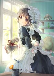 Rule 34 | 1girl, apron, arms behind back, black dress, blue bow, blush, bow, braid, brown eyes, brown hair, commentary request, cup, day, dress, floating hair, flower, frilled apron, frills, from side, hair ribbon, hat, highres, indoors, juliet sleeves, kuga tsukasa, long hair, long sleeves, looking at viewer, looking to the side, maid, maid apron, mob cap, mug, orange flower, original, polka dot, polka dot bow, puffy sleeves, red ribbon, ribbon, shelf, single braid, solo, stuffed animal, stuffed rabbit, stuffed toy, very long hair, victorian maid, white apron, white hat, window