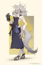 Rule 34 | 1boy, animal ears, apron, artist name, black apron, black footwear, blue eyes, body fur, border, commentary, digitigrade, dog boy, dog ears, dog tail, earrings, from side, full body, furry, furry male, grey fur, grey hair, highres, holding kettle, jewelry, kettle, long sleeves, looking at viewer, male focus, medium hair, messy hair, murayama ryota, original, outside border, sandals, shirt, signature, simple background, solo, standing, tail, white shirt, yellow background, yellow border