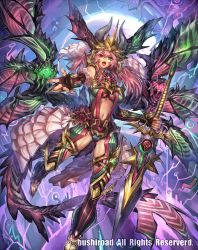 Rule 34 | 10s, 1girl, :d, breasts, cardfight!! vanguard, fingernails, green eyes, helmet, heterochromia, holding, holding sword, holding weapon, horns, long hair, looking at viewer, melon22, navel, official art, open mouth, pink hair, red eyes, sharp fingernails, smile, solo, sword, tail, teeth, thighhighs, tongue, twintails, weapon, wings