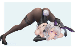 Rule 34 | 1girl, animal ears, arm support, artist name, ass, azur lane, bare shoulders, black footwear, black hairband, black leotard, black pantyhose, blue background, border, breast press, breasts, closed mouth, detached sleeves, fake animal ears, fake tail, full body, hairband, high heels, highleg, highleg leotard, highres, jack-o&#039; challenge, large breasts, leotard, long hair, long sleeves, looking at viewer, low ponytail, official alternate costume, outside border, pantyhose, playboy bunny, purple eyes, rabbit ears, rabbit tail, reno (azur lane), reno (reno bunnino) (azur lane), sideboob, silver hair, simple background, single detached sleeve, sking, smile, solo, spread legs, tail, thigh strap, white border, wrist cuffs