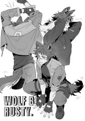 Rule 34 | 1boy, animal ear fluff, animal ears, armored core, armored core 6, arms up, boots, character name, cowboy shot, dog boy, dog ears, dog tags, dog tail, fingerless gloves, full body, gloves, highres, jacket, la bo chu shi, long hair, looking at viewer, male focus, mouth hold, pants, ponytail, pouch, profile, scar, scar across eye, scar on face, scar on nose, shirt, simple background, sleeves rolled up, squatting, standing, sweatdrop, tail, thigh pouch, toothbrush, tying hair, v.iv rusty