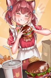 Rule 34 | 1girl, absurdres, akami karubi, animal ears, apron, bag, blush, burger, cat ears, cat girl, chicken (food), choker, closed eyes, cup, disposable cup, drinking straw, eating, food, food on face, french fries, fried chicken, hair ribbon, highres, holding, holding food, indie virtual youtuber, jiso (zckw8845), paper bag, red hair, ribbon, short sleeves, solo, sparkle, twintails, virtual youtuber