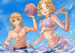 Rule 34 | 1boy, 1girl, abs, alternate costume, ball, beachball, bikini, blonde hair, blue eyes, blue male swimwear, blue swim trunks, breasts, frilled bikini, frills, from below, hair ornament, hairclip, highres, holding, holding ball, holding beachball, jewelry, link, looking at viewer, looking back, male swimwear, medium breasts, mouyi, multiple scars, navel, necklace, nintendo, partially submerged, pink bikini, pointy ears, princess zelda, ring, ring necklace, scar, short hair, swim trunks, swimsuit, the legend of zelda, the legend of zelda: breath of the wild, the legend of zelda: tears of the kingdom, water, watermark, yellow eyes