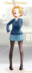 Rule 34 | 1girl, ;), black footwear, black necktie, black pantyhose, blue eyes, blue skirt, blue sweater, braid, churchill (tank), closed mouth, commentary, dated, dress shirt, english text, full body, girls und panzer, hand in own hair, hand on own hip, happy birthday, highres, loafers, long sleeves, looking at viewer, military, military vehicle, miniskirt, motor vehicle, necktie, one eye closed, orange hair, orange pekoe (girls und panzer), pantyhose, parted bangs, pleated skirt, sasaki akira (ugc), school uniform, shadow, shirt, shoes, short hair, skirt, smile, solo, st. gloriana&#039;s school uniform, standing, sweater, tank, twin braids, v-neck, white shirt, wing collar