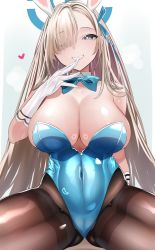 Rule 34 | 1girl, animal ears, asuna (blue archive), asuna (bunny) (blue archive), bare shoulders, blue archive, blue eyes, blue leotard, blush, breasts, brown pantyhose, cleavage, detached collar, elbow gloves, fake animal ears, gloves, grin, hair over one eye, halo, heart, highleg, highleg leotard, highres, keishi surota, large breasts, leotard, light brown hair, long hair, looking at viewer, mole, mole on breast, pantyhose, playboy bunny, rabbit ears, smile, solo, thighs, white gloves