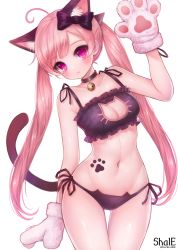 Rule 34 | 1girl, ahoge, animal ears, animal hands, arm at side, bad id, bad pixiv id, bell, black bow, black panties, blush, bow, bra, breasts, cat cutout, cat ear panties, cat ears, cat lingerie, cat tail, choker, cleavage, cleavage cutout, closed mouth, clothing cutout, collarbone, cowboy shot, eyebrows, eyelashes, fake animal ears, frills, frown, gloves, hair bow, hair ornament, hand up, highres, jingle bell, long hair, looking at viewer, meme attire, navel, neck bell, original, panties, paw gloves, pink eyes, pink hair, shale, side-tie panties, small breasts, solo, standing, stomach, tail, tattoo, thigh gap, twintails, underwear, underwear only, white background