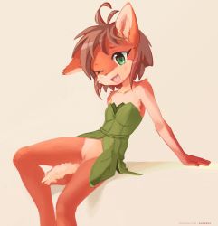 Rule 34 | 1girl, absurdres, ancesra, animal ears, animal nose, antenna hair, arm support, artist name, bare shoulders, beige background, blush, body fur, brown hair, collarbone, deer ears, deer girl, deer tail, dress, elora (spyro), female focus, flat chest, furry, furry female, green dress, green eyes, happy, highres, leaf clothing, leaning back, light blush, looking at viewer, no panties, one eye closed, open mouth, patreon username, pussy, red fur, short dress, short hair, sidelocks, simple background, sitting, smile, solo, spyro (series), strapless, strapless dress, tail, tongue, two-tone fur, uncensored, watermark, web address, white fur, wink