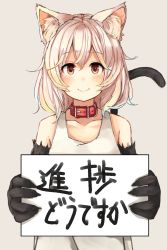 Rule 34 | 1girl, animal ears, blush, brown eyes, cat ears, cat tail, collar, collarbone, furry, furry female, grey background, hair between eyes, highres, holding, holding sign, how is the progress (meme), long hair, looking at viewer, meme, original, plan (planhaplalan), sign, simple background, smile, solo, tail, upper body, white hair