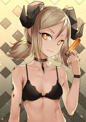 Rule 34 | 1girl, arknights, bad id, bad pixiv id, bare arms, bare shoulders, black bra, black choker, blvefo9, bra, breasts, choker, collarbone, commentary, grey hair, hair between eyes, hand up, head tilt, highres, holding, horns, ifrit (arknights), looking at viewer, material growth, nail polish, orange eyes, orange nails, oripathy lesion (arknights), short hair, sidelocks, small breasts, solo, stomach, underwear, upper body, v-shaped eyebrows, wristband