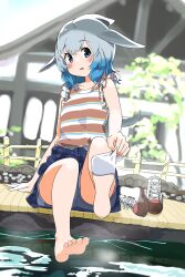 Rule 34 | 1girl, absurdres, bare shoulders, barefoot, blowhole, blue eyes, blue hair, blue shirt, blush, casual, cetacean tail, clothes around waist, collarbone, common bottlenose dolphin (kemono friends), denim, denim shorts, dolphin girl, dorsal fin, fins, fish tail, frilled shirt, frills, grey hair, highres, iwa (iwafish), jacket, jacket around waist, kemono friends, kemono friends 3, multicolored hair, multicolored shirt, official alternate costume, red shirt, removing sock, shirt, shoes, shorts, sleeveless, solo, striped clothes, striped shirt, tail, unworn shoes, white shirt