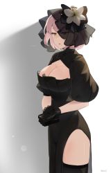 Rule 34 | 1girl, absurdres, alt text, alternate costume, artist name, black gloves, blush, breasts, brown eyes, cleavage, cleavage cutout, clothing cutout, cowboy shot, dress, funeral dress, girls&#039; frontline, gloves, highres, kion-kun, large breasts, lipstick, makeup, mole, mole under mouth, pelvic curtain, puffy short sleeves, puffy sleeves, short sleeves, solo, thighhighs, twitter username, type 92 (girls&#039; frontline)