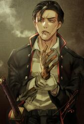 Rule 34 | 1boy, black eyes, black hair, cigarette, code zero uniform, dated, hair slicked back, highres, jacket, looking to the side, maede yoshinbu, makoto1009, male focus, mars red, mature male, military uniform, open clothes, open jacket, prosthesis, prosthetic arm, sheath, sheathed, shirt, short hair, signature, smoking, sword, torn clothes, uniform, weapon, white shirt