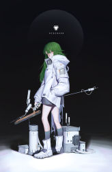 Rule 34 | 1girl, areaaaron, black socks, boots, coat, contrapposto, copyright request, green hair, hand in pocket, highres, holding, holding weapon, long hair, looking at viewer, orange eyes, science fiction, socks, solo, weapon, weapon request, white coat, white footwear