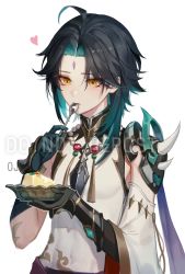 Rule 34 | 0jae, 1boy, absurdres, ahoge, arm tattoo, bead necklace, beads, black gloves, black hair, closed mouth, facial mark, food, forehead mark, genshin impact, gloves, green hair, heart, highres, holding, holding plate, holding spoon, jewelry, long hair, male focus, multicolored hair, necklace, parted bangs, plate, pudding, simple background, solo, spoon, tattoo, utensil in mouth, xiao (genshin impact), yellow eyes