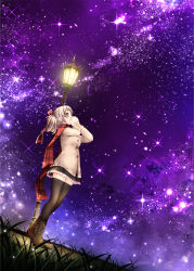 Rule 34 | 1girl, bad id, bad pixiv id, black thighhighs, boots, catbell, coat, covering face, covering own mouth, covering privates, grass, grey hair, hair ribbon, highres, lamppost, looking up, night, original, ponytail, red eyes, ribbon, scarf, skirt, sky, solo, star (sky), starry sky, sweater, thighhighs