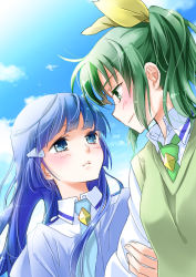 Rule 34 | 10s, 2girls, aoki reika, blue eyes, blue hair, blue necktie, blush, cloud, couple, day, eye contact, green eyes, green hair, green sweater vest, long hair, looking at another, midorikawa nao, multiple girls, necktie, ooshima tomo, ponytail, precure, short hair, sky, smile, smile precure!, sweater vest, yuri