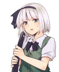 Rule 34 | 1girl, black bow, black bowtie, black hairband, black ribbon, bow, bowtie, commentary request, green eyes, green skirt, green vest, hair between eyes, hair ribbon, hairband, highres, holding, holding sword, holding weapon, katana, konpaku youmu, looking at viewer, miyo (ranthath), open mouth, puffy short sleeves, puffy sleeves, ribbon, scabbard, sheath, sheathed, shirt, short hair, short sleeves, silver hair, simple background, skirt, skirt set, solo, sweat, sword, touhou, upper body, vest, weapon, white background, white shirt