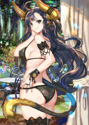 Rule 34 | 1girl, ass, back, bikini, black bikini, black eyes, black hair, black thighhighs, breasts, earrings, female focus, horns, jewelry, lace, lace-trimmed legwear, lace trim, large breasts, long hair, looking at viewer, looking back, original, pointy ears, ran&#039;ou (tamago no kimi), ring, sideboob, smile, solo, swimsuit, tail, thighhighs, very long hair, wrist cuffs