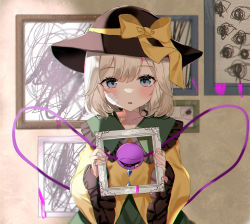 Rule 34 | 1girl, absurdres, bandage on face, bandages, bandaid, bandaid on neck, blue eyes, bow, chromatic aberration, diamond (shape), frilled sleeves, frills, green skirt, hat, hat bow, highres, holding frame, indoors, komeiji koishi, light blush, light particles, long sleeves, looking at viewer, medium hair, painting (object), parted lips, picture frame, shirt, single tear, skirt, solo, straight-on, tearing up, third eye, touhou, upper body, white hair, wide sleeves, yellow bow, yellow shirt, yellow sleeves, yumeno ruruka