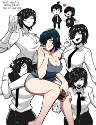 Rule 34 | 1girl, absurdres, aneurysm ax, beer can, beer mug, black hair, black jacket, black necktie, black pants, blood, blood on clothes, blood on face, breasts, camisole, can, chainsaw man, cleavage, collared shirt, cup, drink can, eyepatch, formal, grey camisole, hand on own face, hayakawa aki, highres, himeno (chainsaw man), holding, holding can, jacket, large breasts, looking at viewer, mug, necktie, nosebleed, off shoulder, pants, shirt, shirt partially tucked in, shirt tucked in, short hair, simple background, smile, stretching, suit, suit jacket, topknot, white background, white shirt