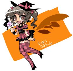 Rule 34 | 1girl, alternate costume, brown hair, candy, food, halloween costume, hat, himekaidou hatate, lollipop, long hair, pointy ears, ribbon, skirt, solo, tongue, tongue out, touhou, twintails, witch hat, yt (wai-tei)