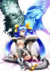 Rule 34 | 1girl, arc system works, asymmetrical wings, bare shoulders, blue hair, blush, boots, bow, breasts, choker, cleavage, dizzy (guilty gear), guilty gear, guilty gear x, guilty gear xx, hair bow, highres, indian style, large breasts, long hair, mizuyan, navel, necro (guilty gear), open mouth, red eyes, ribbon, sitting, skull, solo, tail, tail ornament, tail ribbon, thighhighs, twintails, underboob, undine (guilty gear), wings