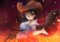 Rule 34 | 1girl, bandana, bare shoulders, black hair, black wings, blue shirt, blush, brown hat, commentary, cowboy hat, embers, feathered wings, feathers, gradient background, hair between eyes, hat, highres, kurokoma saki, looking at viewer, off-shoulder shirt, off shoulder, open mouth, orange background, orange skirt, red background, red eyes, sachisudesu, shirt, shnva (style), short hair, short sleeves, skirt, solo, touhou, upper body, wings