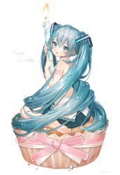 Rule 34 | 1girl, backless outfit, bad id, bad twitter id, bare arms, bare legs, bare shoulders, barefoot, blue eyes, blue hair, blue nails, blush, candle, crossed bangs, cupcake, cursive, food, from side, full body, green skirt, hair between eyes, hair ornament, happy birthday, hatsune miku, head tilt, highres, long hair, looking at viewer, looking to the side, medium skirt, melting, multicolored nails, nail polish, open mouth, oversized object, pink ribbon, pleated skirt, ribbon, ryota (ry o ta), shirt, sidelocks, simple background, sitting, skirt, sleeveless, sleeveless shirt, solo, twintails, very long hair, vocaloid, wariza, white background, white nails, white shirt