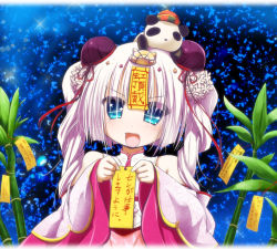 Rule 34 | 1girl, :d, bamboo, blue background, blue eyes, curly hair, detached sleeves, double bun, flower knight girl, izumi yukiru, japanese clothes, long hair, looking at viewer, open mouth, panda, sanderiana (flower knight girl), smile, solo, tanzaku, translation request, twintails, upper body, white hair