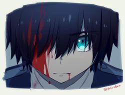 Rule 34 | 10s, 1boy, black hair, blood, blood on face, blood on clothes, blue eyes, darling in the franxx, hair over one eye, hiro (darling in the franxx), male focus, solo, tears, toma (norishio), uniform
