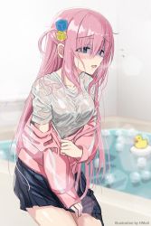 Rule 34 | @ @, artist name, bathtub, blue eyes, blurry, blurry background, bocchi the rock!, breasts, commentary, cube hair ornament, gloom (expression), gotoh hitori, hair ornament, highres, hmax, jacket, long hair, looking to the side, medium breasts, open mouth, pink hair, rubber duck, wet