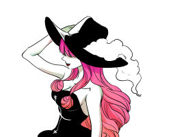 Rule 34 | 1girl, black dress, black hat, commentary request, dress, gradient hair, hand on headwear, hat, hat feather, korean commentary, light smile, long hair, multicolored hair, one piece, perona, pink hair, profile, red lips, seseasl, sidelocks, simple background, solo, strapless, strapless dress, upper body, white background