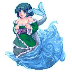 Rule 34 | 1girl, animal ears, blue eyes, blue hair, breasts, cleavage, fins, head fins, japanese clothes, kimono, kisasage kouta, long sleeves, lowres, matching hair/eyes, mermaid, monster girl, obi, pixel art, sash, short hair, small breasts, solo, touhou, transparent background, wakasagihime, water, wide sleeves