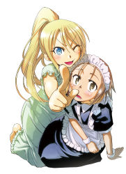 Rule 34 | 1boy, 1girl, blonde hair, blue eyes, blush, brown eyes, brown hair, crossdressing, dress, hitotose rin, lady&#039;s maid, maid, pointing, pointing at viewer, ponytail, trap