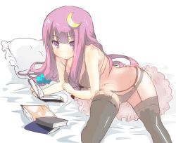 Rule 34 | 1girl, alternate costume, black thighhighs, book, bow, bra, breasts, cl (h-sys.), colorized, crescent, crescent hair ornament, dress, frills, hair bow, hair ornament, lingerie, long hair, looking at viewer, lying, md5 mismatch, no headwear, on bed, on side, open book, panties, patchouli knowledge, pillow, purple eyes, purple hair, resized, see-through, simple background, sketch, sleeveless, solo, thighhighs, touhou, underwear, underwear only, white background