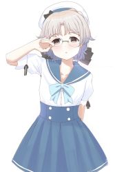 Rule 34 | 1girl, adapted costume, black ribbon, blue sailor collar, blue skirt, brown eyes, commentary request, cowboy shot, glasses, grey hair, hair ribbon, hat, high-waist skirt, highres, hirato (kancolle), jiyuucho, kantai collection, ribbon, sailor collar, sailor hat, short hair, short sleeves, simple background, skirt, solo, wavy hair, white background, white hat