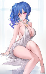 Rule 34 | 1girl, azur lane, bare arms, bare shoulders, blue hair, blue nails, bracelet, breasts, cleavage, closed mouth, collarbone, dress, earrings, emyo, evening gown, hair between eyes, hair ornament, hairclip, halterneck, highres, jewelry, large breasts, long hair, looking at viewer, nail polish, necklace, no bra, pink eyes, plunging neckline, revealing clothes, side ponytail, sidelocks, silver dress, simple background, sitting, sleeveless, sleeveless dress, solo, spaghetti strap, st. louis (azur lane), st. louis (luxurious wheels) (azur lane), thighs, white background, white dress