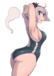 Rule 34 | 1girl, ahoge, alternate costume, armpits, arms behind head, ass, back, back cutout, bare shoulders, black bow, black hairband, blush, bob cut, bow, breasts, clothing cutout, commentary request, enajii, ghost, green one-piece swimsuit, hair bow, hairband, highres, hitodama, konpaku youmu, konpaku youmu (ghost), looking at viewer, medium breasts, one-piece swimsuit, open mouth, short hair, shoulder blades, sideboob, silver hair, simple background, solo, standing, sweatdrop, swimsuit, thighs, touhou, white background