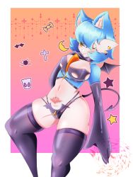 Rule 34 | 1girl, absurdres, alternate color, animal ear fluff, animal ears, arm at side, artist name, bare shoulders, bat (animal), black bra, black choker, black gloves, black panties, black thighhighs, black wings, blue hair, blue skin, blush, bob cut, border, bra, breasts, bug, candy, cat ears, cat girl, choker, cleavage, closed mouth, clothing cutout, colored skin, creatures (company), crescent moon, cross, demon tail, demon wings, earrings, elbow gloves, eyes visible through hair, female focus, food, food-themed earrings, game freak, gardevoir, gen 3 pokemon, ghost, gloves, gradient background, halloween, hand on own chest, hand up, happy, heart, highleg, highleg panties, highres, jewelry, kemonomimi mode, latin cross, looking at viewer, medium breasts, mini wings, moon, multicolored skin, multiple earrings, navel, nintendo, o-ring, one eye closed, orange background, orange eyes, outside border, panties, pokemon, pokemon (creature), pubic tattoo, purple background, shiny clothes, shiny pokemon, short hair, skindentation, smile, smoothpen, solo, spider, split mouth, standing, star (symbol), stomach, tail, tattoo, thick thighs, thighhighs, thighs, two-tone background, two-tone skin, underwear, underwear only, watermark, white border, white skin, wide hips, wings, wink, zipper, zipper pull tab