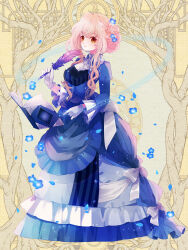 Rule 34 | 1girl, blue dress, book, bow, brown eyes, dairoku ryouhei, dress, dress bow, dress ribbon, flower, full body, gloves, highres, holding, holding quill, lana spiraea, long hair, long sleeves, open book, pink hair, quill, rittz tw, smile, solo, standing, white gloves, yellow background