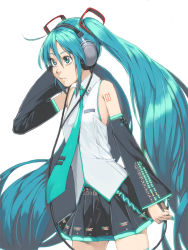 Rule 34 | 1girl, akinbo (hyouka fuyou), aqua eyes, aqua hair, bad id, bad pixiv id, detached sleeves, hand on headphones, hatsune miku, long hair, necktie, simple background, skirt, solo, thighhighs, twintails, very long hair, vocaloid