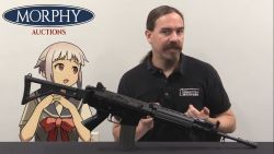 Rule 34 | 1boy, 1girl, assault rifle, black shirt, crossover, dot nose, facial hair, facing viewer, fn fnc, fnc (upotte!!), forgotten weapons, goatee, grey background, gun, ian mccollum, looking at another, looking at viewer, mustache, photo background, polo shirt, ponytail, puto trash, real life, real life insert, rifle, school uniform, serafuku, shirt, short hair, short sleeves, sidelocks, simple background, smile, upotte!!, upper body, weapon