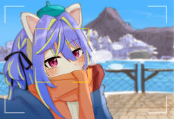 Rule 34 | 1girl, alternate costume, animal ears, black ribbon, blue coat, blue hair, blush, breath, cat ears, chain-link fence, coat, cold, commentary request, covered mouth, enpera, fake animal ears, fence, gloves, green hair, hair between eyes, hair intakes, hair ribbon, hiyoku no crosspiece, long bangs, long hair, looking at viewer, mole, mole under eye, mountain, multicolored hair, nanashi inc., orange scarf, outdoors, pink eyes, red gloves, ribbon, salmon231, scarf, scarf over mouth, selfie, solo, suzumi nemo, two-tone hair, two side up, upper body, viewfinder, virtual youtuber