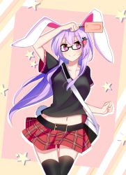 Rule 34 | 1girl, alternate costume, animal ears, arm over head, arm up, bad id, bad pixiv id, bag, belt, belt buckle, black shirt, black thighhighs, blush, buckle, carrot hair ornament, casual, clenched hand, closed mouth, food, food-themed hair ornament, hair ornament, hairclip, holding, holding food, long hair, looking at viewer, miniskirt, navel, pink eyes, plaid, plaid skirt, popsicle, purple hair, rabbit ears, red skirt, reisen udongein inaba, shirt, short sleeves, shoulder bag, skirt, smile, solo, star (symbol), stomach, t-shirt, tareme, thigh gap, thighhighs, touhou, very long hair, xialuluo (sharuro), zettai ryouiki