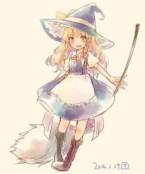 Rule 34 | 10s, 1girl, 2016, apron, blonde hair, boots, bow, braid, broom, cross-laced footwear, dated, dress, hat, hat bow, kirisame marisa, lace-up boots, open mouth, sen1986, side braid, smile, solo, touhou, witch hat, yellow eyes