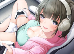 Rule 34 | 1girl, blush, breasts, chair, cleavage, collarbone, commentary, commentary request, controller, downblouse, fed (giba), full body, game console, game controller, gaming chair, hair between eyes, hair over eyes, headphones, indian style, indoors, jacket, large breasts, light brown hair, looking at viewer, medium hair, no shoes, open clothes, open jacket, open mouth, original, partial commentary, pink jacket, playstation 5, purple eyes, short shorts, shorts, sitting, socks, solo, swivel chair, thighs