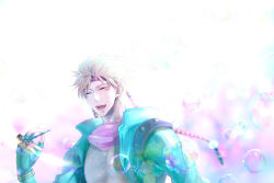 Rule 34 | 1boy, bad id, bad pixiv id, battle tendency, blonde hair, bubble, blowing bubbles, caesar anthonio zeppeli, closed eyes, facial mark, feathers, fingerless gloves, gloves, green gloves, green jacket, headband, jacket, jojo no kimyou na bouken, male focus, open mouth, smoking pipe, ribbon, rowya, scarf, shirt, smile, solo, studded jacket, white shirt