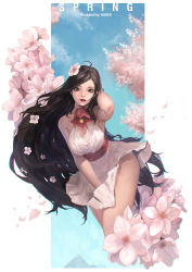 Rule 34 | 1girl, ahoge, black eyes, black hair, blue sky, breasts, commentary, cowboy shot, dress, dress tug, flower, hair flower, hair ornament, ruffling hair, hand in own hair, highres, kim han seul, large breasts, leaning forward, light smile, lips, long hair, looking at viewer, nose, original, outdoors, parted lips, petals, pink flower, red lips, simple background, sky, sleeveless, sleeveless dress, solo, striped, striped background, vertical stripes, very long hair, white background, white dress